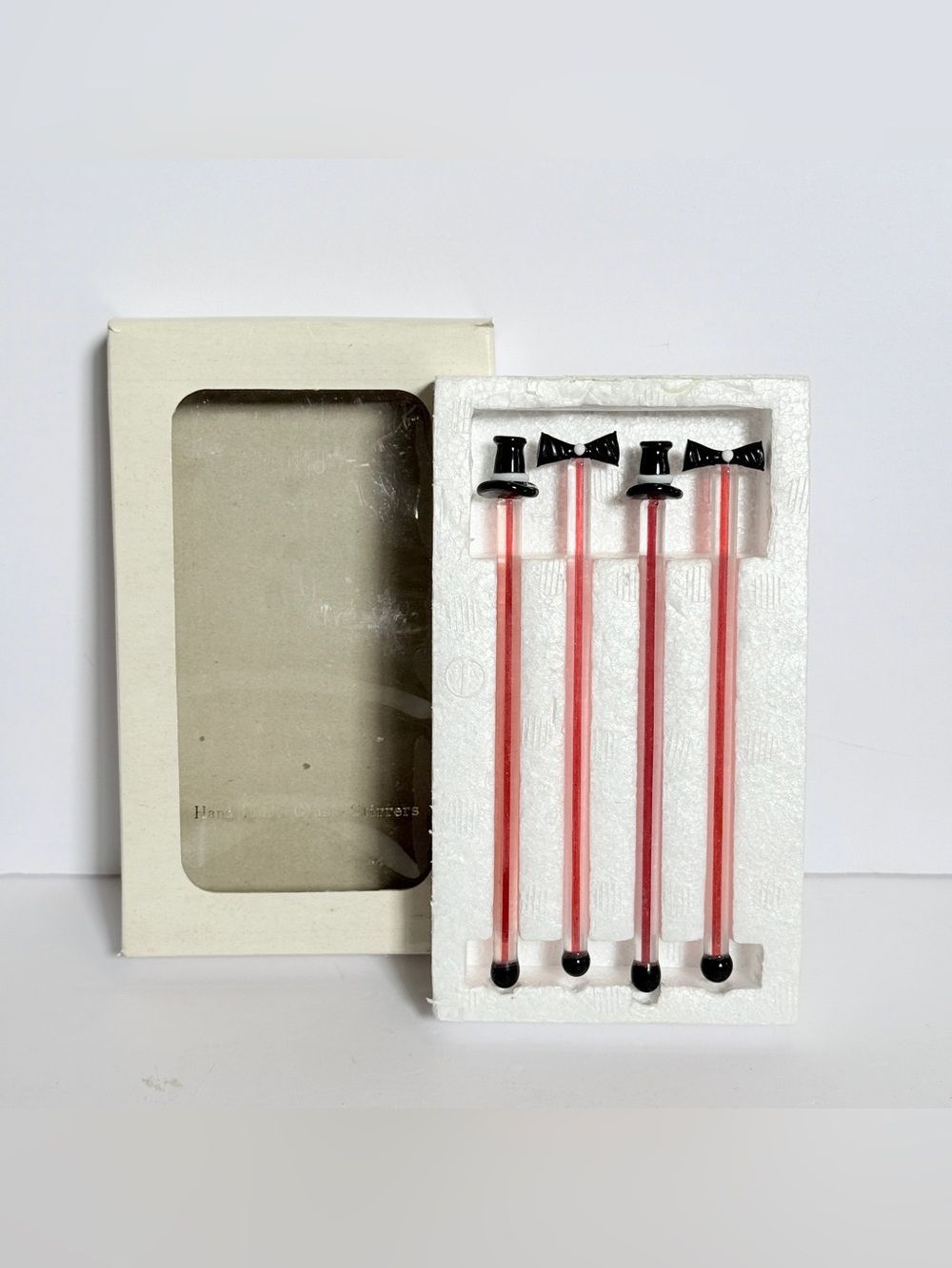 Vintage Set of 4 Red & Black Art Glass Swizzle Sticks – Top Hat & Bow Ties